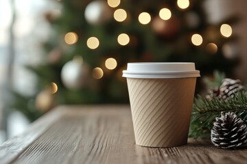 Paper cups with Christmas decoration and copy space for your design. xmas mockup. ai generated