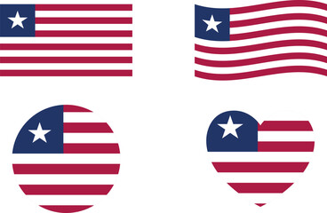 Liberia flags set. Circle icon. waving flag. heart shape icon. Various designs