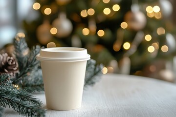 Paper cups with Christmas decoration and copy space for your design. xmas mockup. ai generated