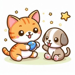 Obraz premium A cute cartoon cat and dog playfully interacting with a blue ball surrounded by stars.