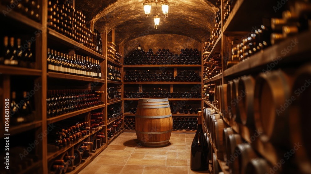 Poster explore a rustic wine cellar with wooden barrels and shelves brimming with fine wine bottles in a co
