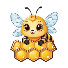 A cute cartoon bee with big eyes smiling beside a honeycomb.