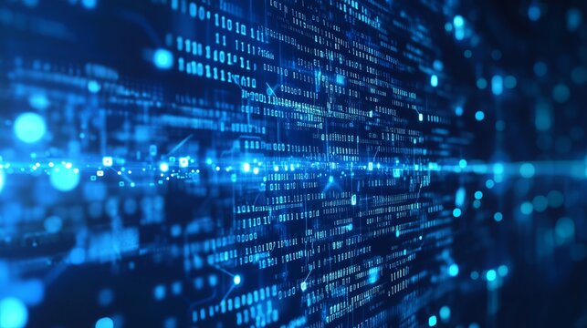 Abstract digital data stream with binary code and glowing elements.