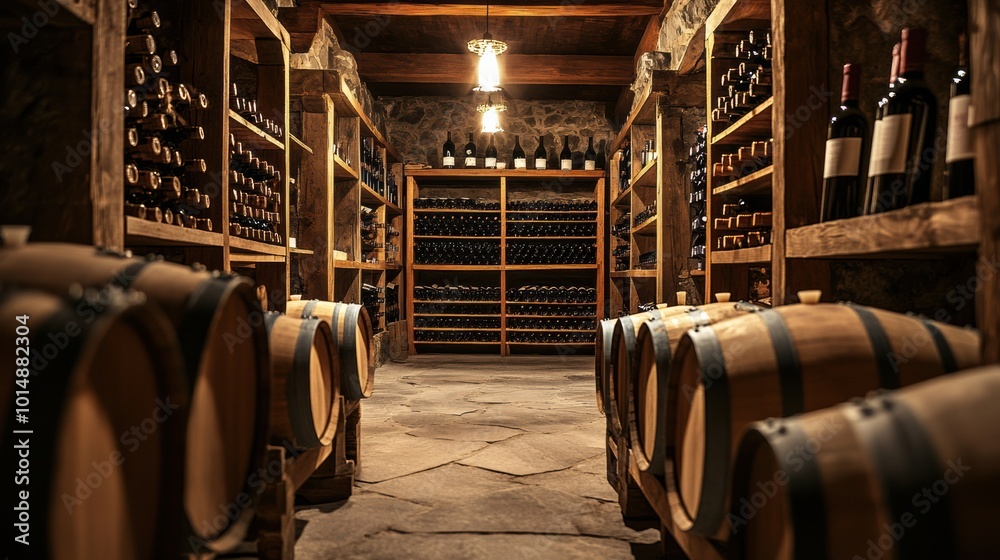 Poster Wine cellar with wooden barrels and shelves stacked high with various wine bottles, creating a rustic atmosphere for enthusiasts. Generative AI