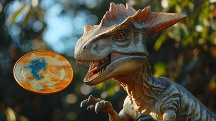 Obraz premium Playful Parasaurolophus with Frisbee in Nature