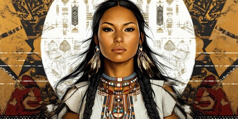 Fototapeta premium [A beautiful depiction of a Native American woman with traditional jewelry, framed by cultural symbols and patterns], on a white background, 