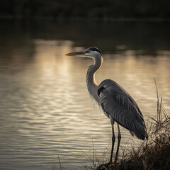 Lakeside Vigil: Heron Standing by the Lakeside