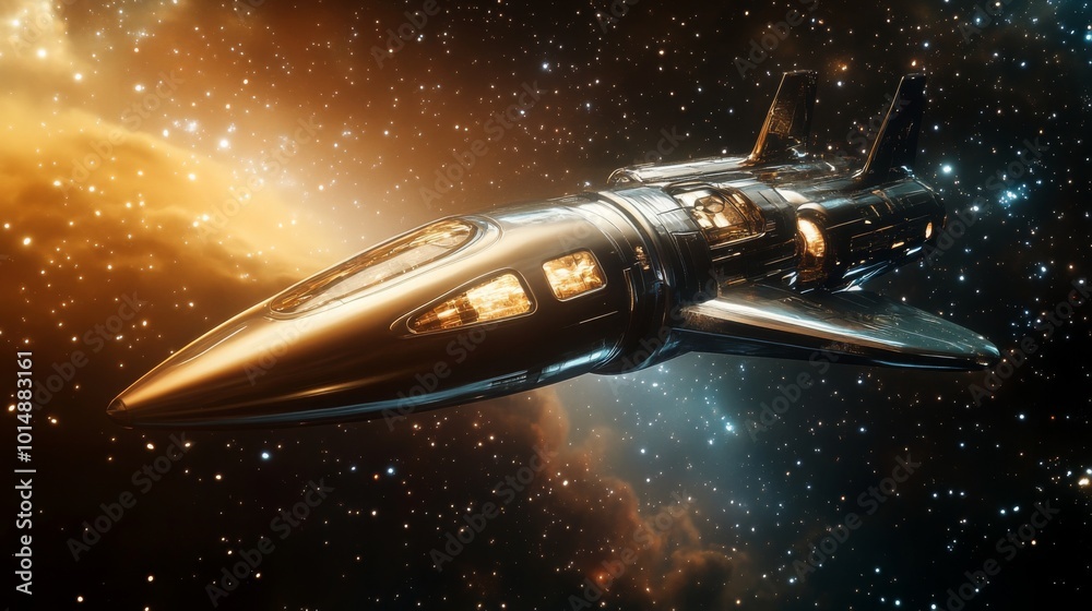 Fototapete A silver spaceship with glowing windows travels through a field of stars with a nebula in the background.