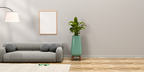 Stylish sofa setup with bold cushions and fresh plant, creating a cheerful and inviting atmosphere. Mock up poster frame.