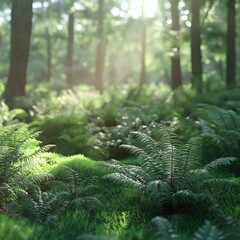 Tranquil Forest Floor with Velvety Moss and Delicate Ferns Bathed in Dappled Sunlight