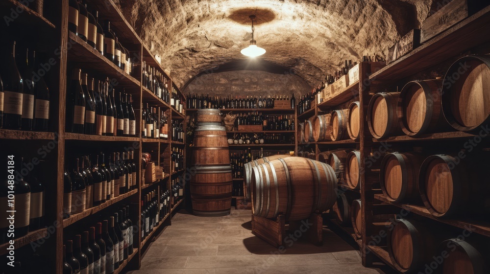 Poster explore a rustic wine cellar featuring wooden barrels and neatly stacked wine bottles, perfect for v