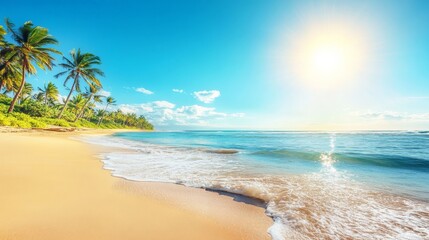 Idyllic Tropical Beach with Palm Trees and Calm Ocean Waves