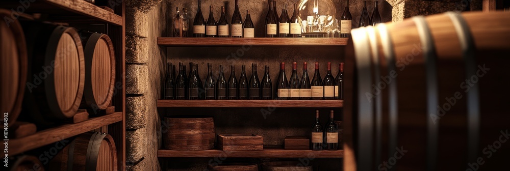 Poster explore a rustic wine cellar with wooden barrels and neatly arranged bottles on sturdy shelves. gene
