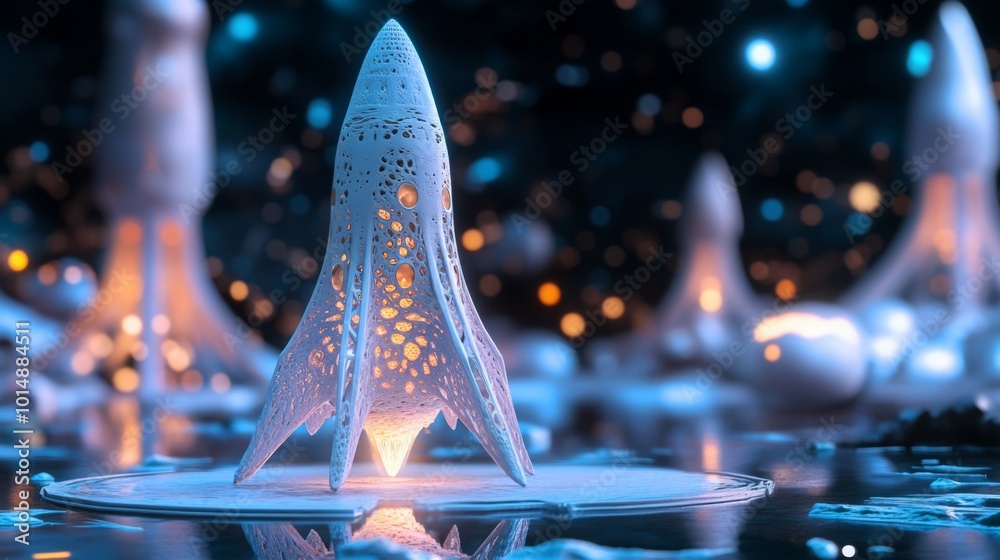 Poster A detailed rocket stands on a launchpad, illuminated from below in a surreal, starry environment. Nearby, ethereal structures rise, creating a captivating blend of technology and imagination.