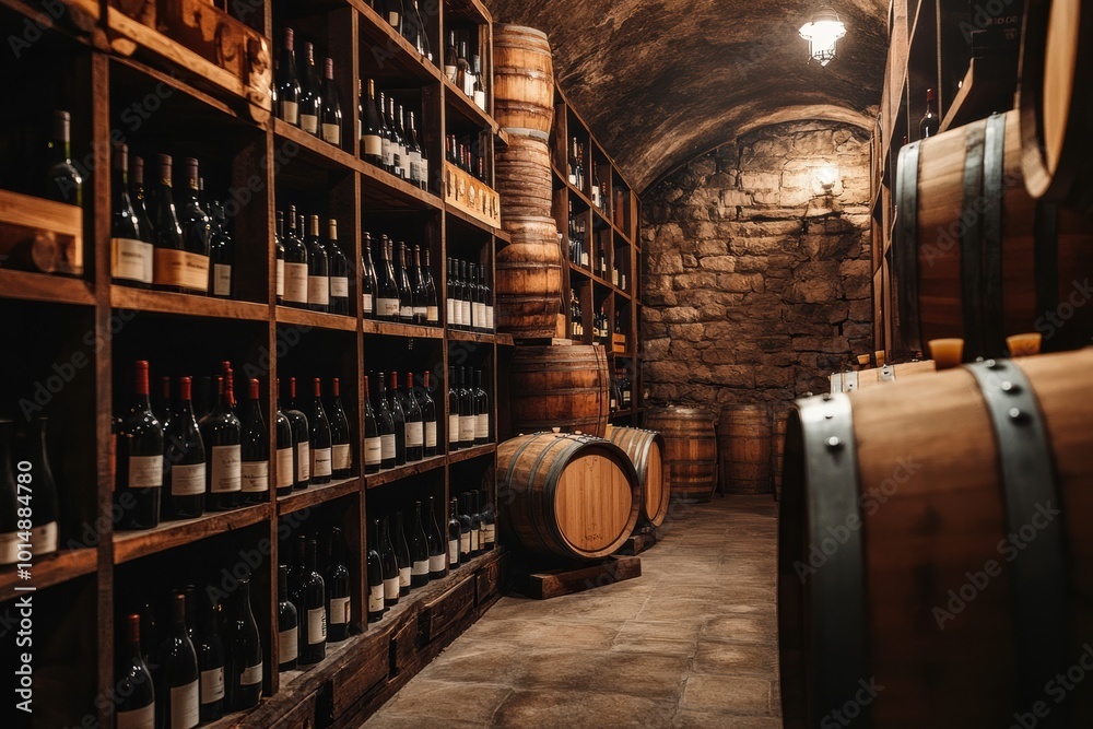 Poster A rustic wine cellar featuring wooden barrels and neatly arranged shelves filled with a vast selection of wine bottles. Generative AI