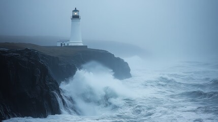 Scenic view of a lighthouse on a rocky coastline, viewed from a distance, emphasizing the dramatic landscape and ocean waves  © Teerasak