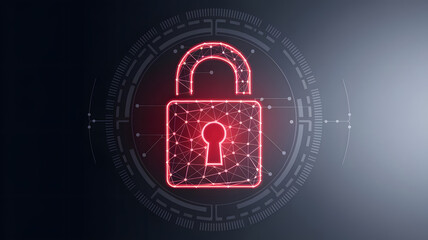 A digital lock symbol represented in a futuristic, low-poly style. The lock is surrounded by a circular pattern of lines and nodes, suggesting a high-tech security theme. The background is dark.