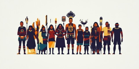 [A bold design of Indigenous people standing strong, representing resilience and cultural pride, with sacred symbols], on a white background, 