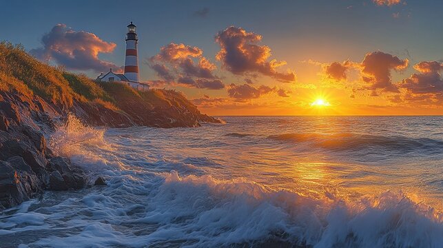 Scenic view of a lighthouse on a rocky shore, viewed from a low angle, emphasizing the dramatic landscape and ocean waves 