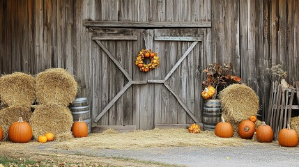 Rustic barn autumn digital backdrop featuring a wooden door with hay bales, pumpkins, and seasonal decorations. Perfect for fall-themed photoshoots, including weddings, maternity sessions,