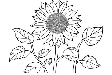 One line sunflower element. Black and white monochrome continuous single line art.