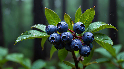 Wild blueberries are growing on a branch in a rainy forest. blueberries in the forest. Ai generative