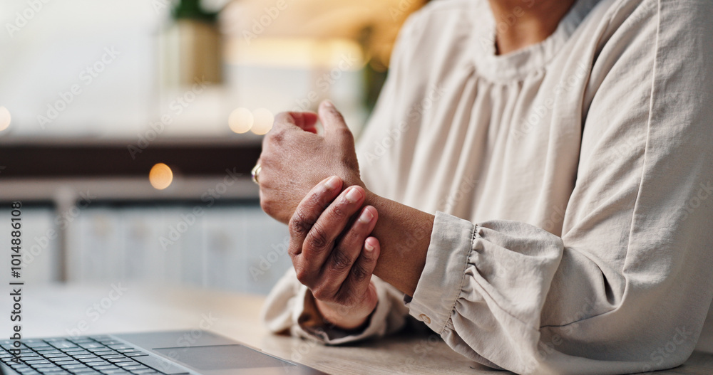 Aufkleber arthritis, hands and laptop with business person at desk in office for administration or typing repo