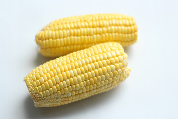 Top View Fresh Corn Cobs Isolated on White Background. 