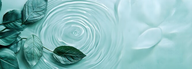 1. A tranquil flat lay of blue mint water, showcasing a smooth surface with gentle rings and ripples, creating a serene spa concept background with ample copy space