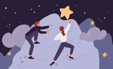Man and woman conquer mountain top. Overcoming obstacles. Business rivalry. Race for trophy. Motivation and ambition. Colleagues climbing rock peak. Challenge goal. Garish vector concept