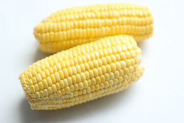 Top View Fresh Corn Cobs Isolated on White Background. 