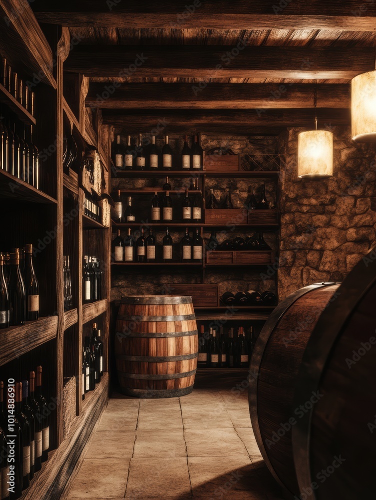 Poster a rustic wine cellar features wooden barrels and shelves stocked with a variety of wine bottles for 