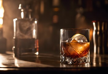 Elegant Smoky Old Fashioned in Moody Bar Lighting and Deep Shadows