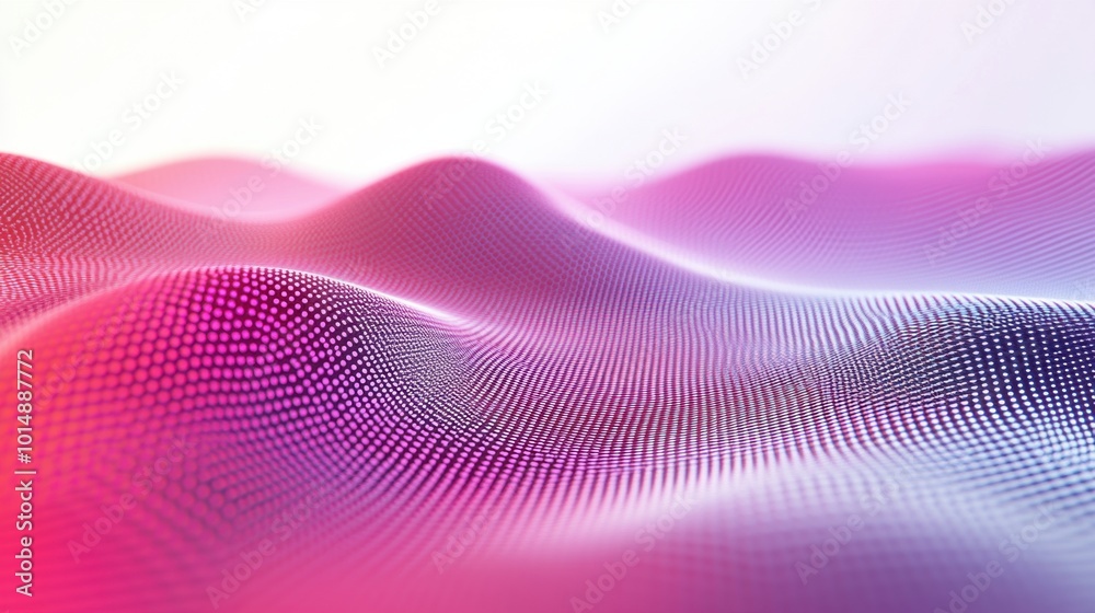 Poster smooth flowing dots and particles creating a wave-like motion, forming a halftone gradient pattern o