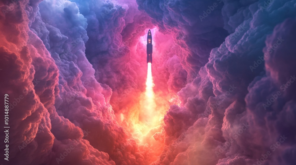 Aufkleber A rocket is ascending vigorously through vibrant clouds, creating a stunning visual display of colors at dawn. The powerful thrust lights up the sky as it breaks through the dense cloud cover.
