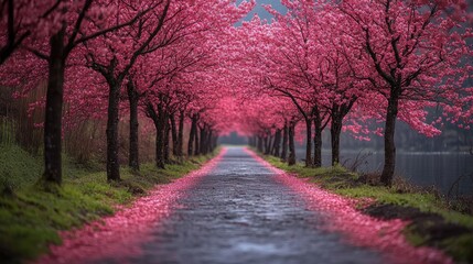 Naklejka premium Scenic path lined with cherry blossom trees, viewed from a distance, emphasizing the beauty and delicacy of the blooms 