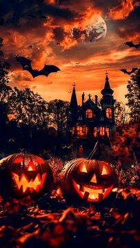 Spooky Halloween scene with jackolanterns, haunted house, bats, and full moon in orange sky, perfect for holiday designs or promotions.