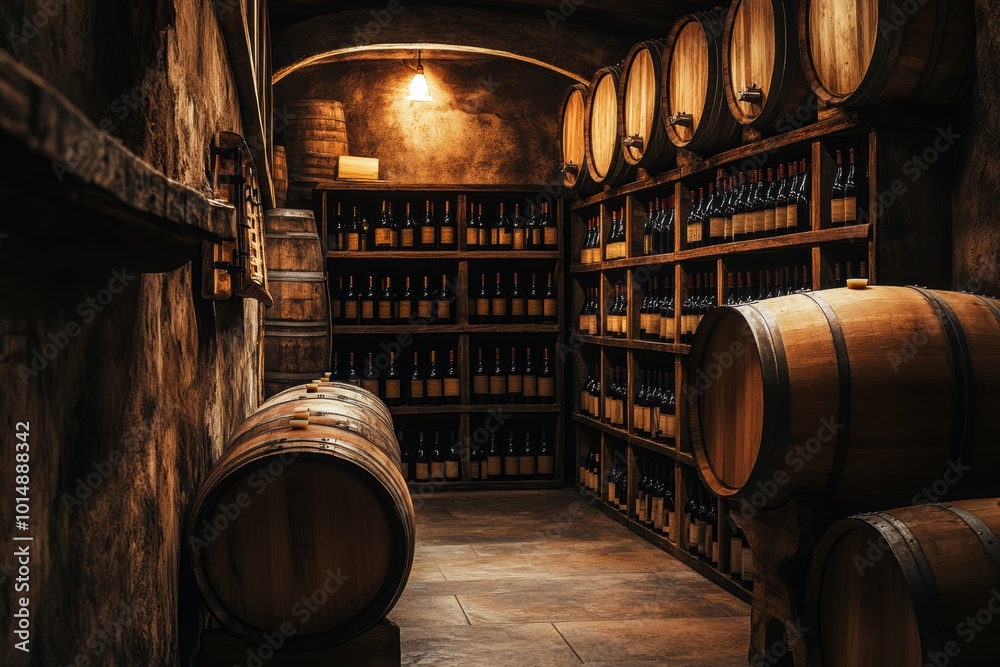 Poster a cozy wine cellar featuring wooden barrels and shelves filled with bottles creating an inviting atm