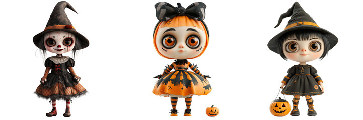 Set of cute doll 3D volumetric doll, Dressed up in Halloween costume on a transparent background