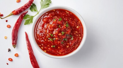 Sweet chili sauce in a white ceramic bowl, presented on a plain white background, ideal for food photography and recipe design