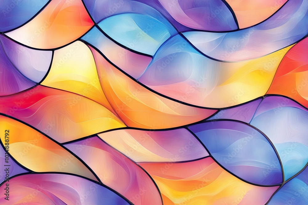 Poster vibrant colorful abstract stained glass design with flowing shapes and gradient hues