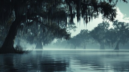 Serene Swamp Landscape with Spanish Moss Covered Trees and Misty Lake Reflection