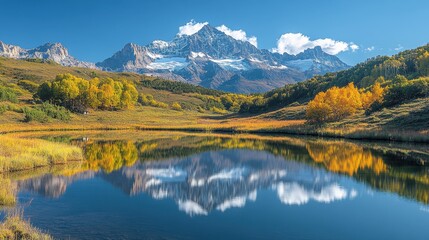 Obraz premium Scenic view of a mountain range reflected in a lake, captured from a distance, showcasing the beauty of nature 