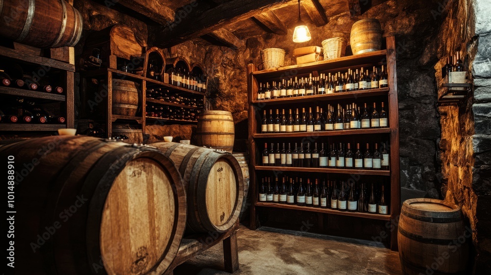 Poster a rustic wine cellar showcasing wooden barrels and neatly arranged wine bottles on shelves for tasti