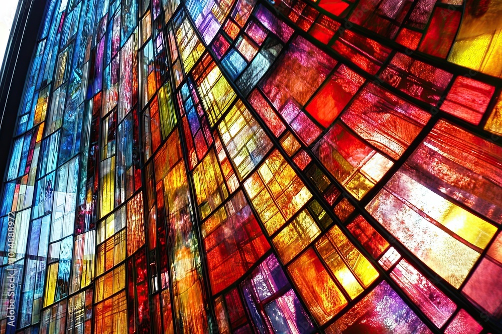 Poster colorful abstract stained glass showcasing vibrant light patterns in a modern architectural setting