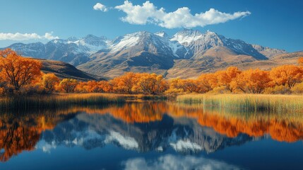 Scenic view of a mountain range reflected in a lake, captured from a distance, showcasing the beauty of nature 
