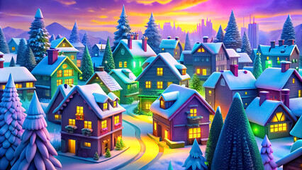 Obraz premium Winter night village. Town landscape with houses, streets and trees in frosty snow. Color design of cityscape in flat cartoon grunge style illustration.