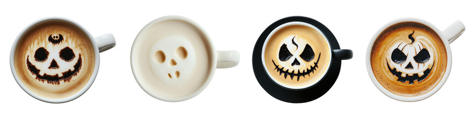 Set of a cream Cup of coffee with a Barista Halloween design on top on a transparent background