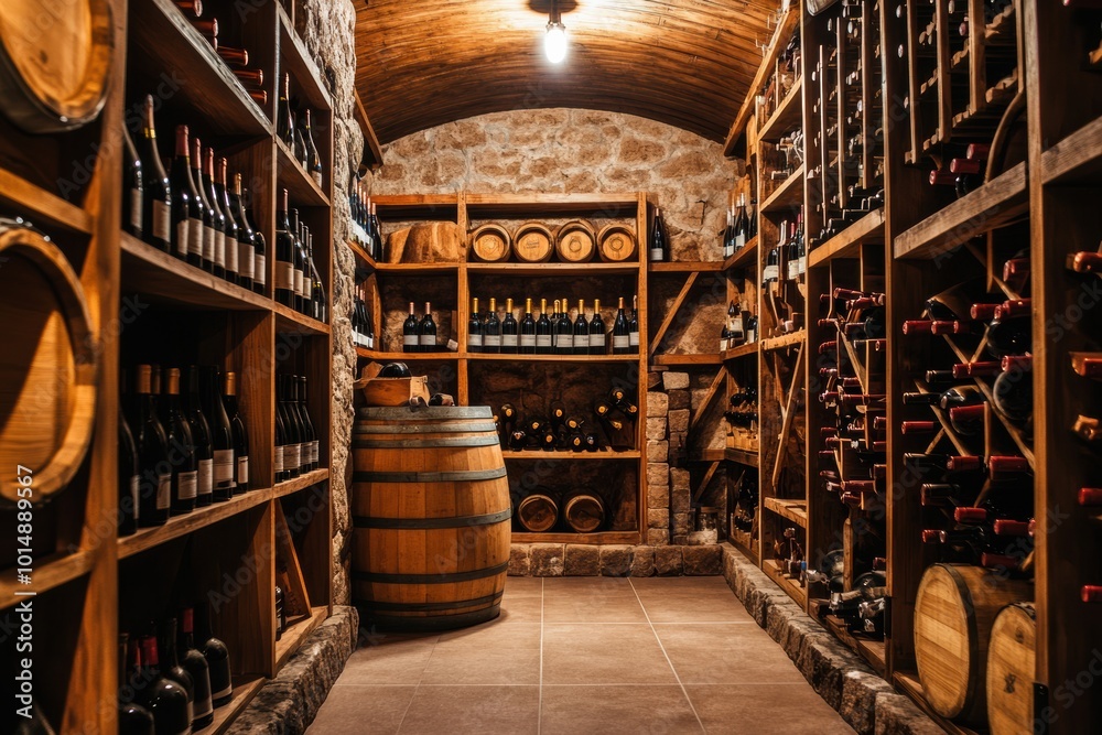 Poster a cozy wine cellar showcasing wooden barrels and shelves brimming with assorted wine bottles in a ru