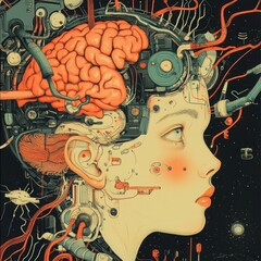 A woman's head is opened to reveal a complex system of gears, wires, and a human brain, against a dark background.